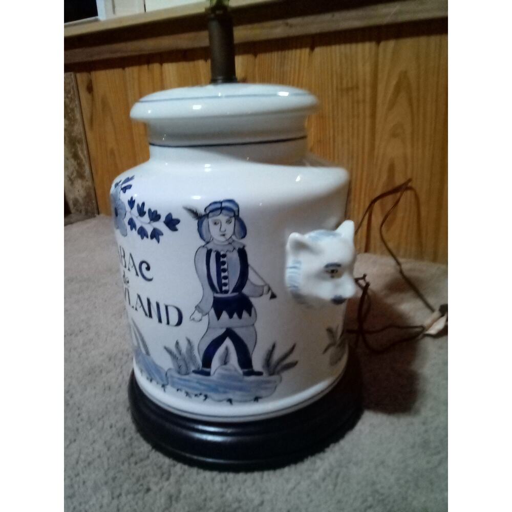 Antique Tabac De Maryland Blue And White Lamp W/Lions Head Handles Wooden Base